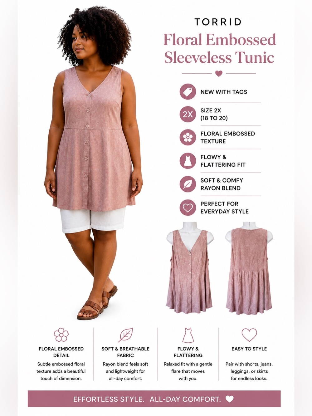 Torrid Pink Mauve Top Tunic Floral embossed Sleeveless NWT 2X or 18 to 20 RTL 45